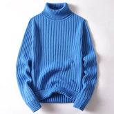 Bright blue ribbed turtleneck sweater with long sleeves from Home Turtleneck Sweater for Men and Women in solid and striped styles, ideal for autumn and winter